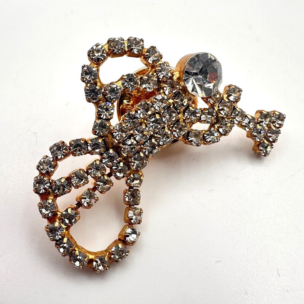 Vintage 80s 90s Gold Tone Angel Playing Trumpet Brooch Pin Clear Glass Jewelry